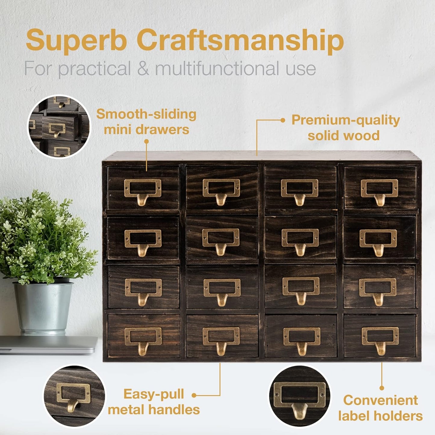 Dark Ash 16-Drawer Card Catalog Artisan Drawer Chest - 20"x3.6"x14" - Desktop Apothecary Crafted in Solid Wood, Curating Timeless Order - A 4-Tiered Storage with Label Holders & Handles for Your Table