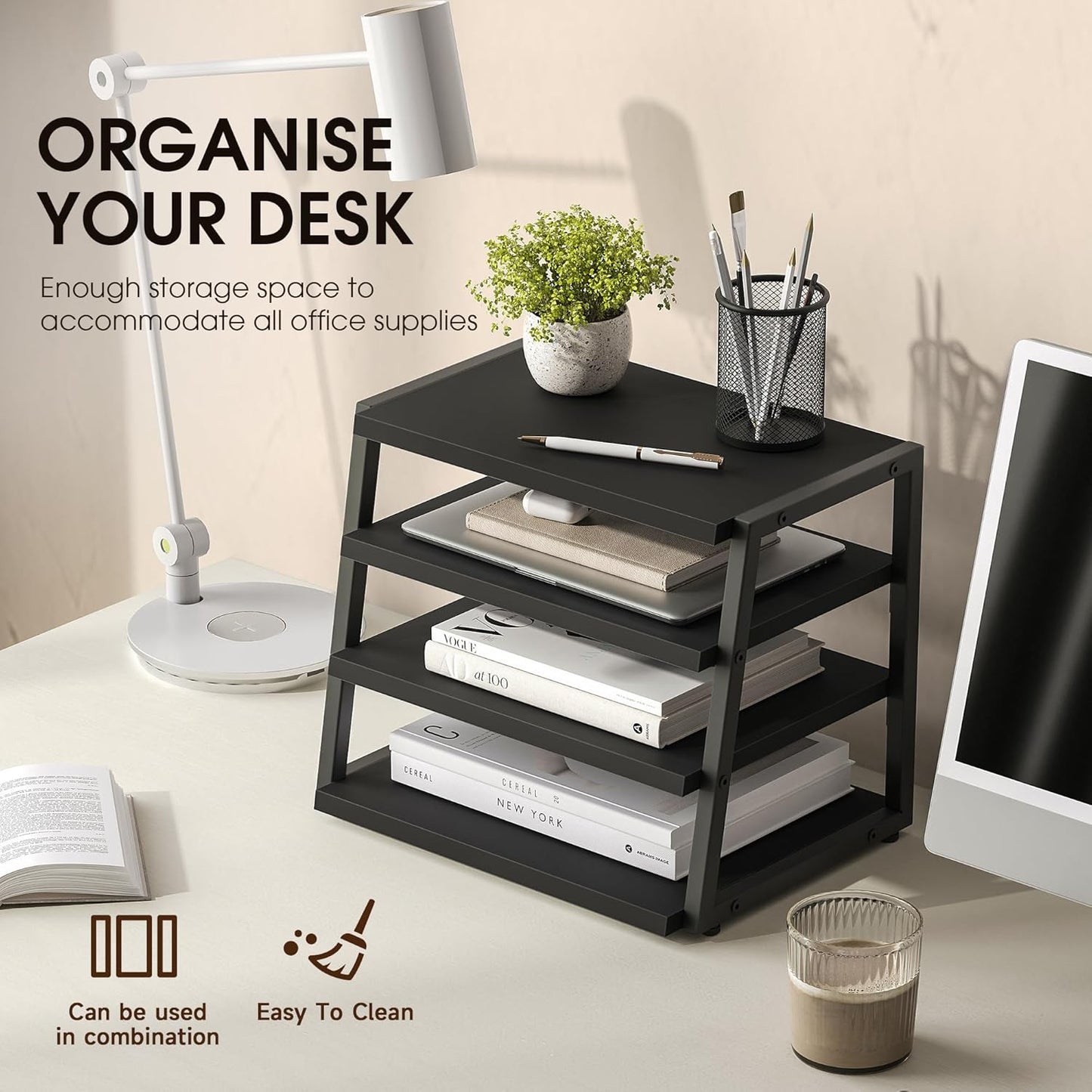 Fenge Desk Shelf Organizer, 4 Tier Desktop Shelf, Wood and Metal Office Shelves, Corner File Organizer for Office Supplies, Top of Desk Organizers and Accessories