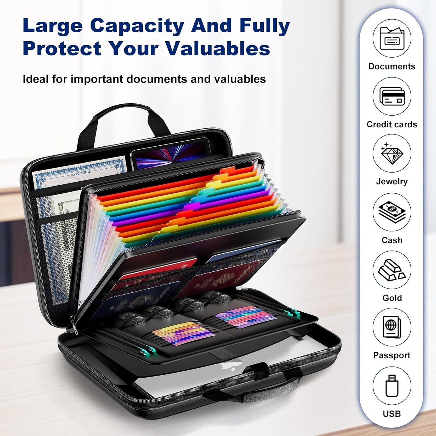 Fireproof Document Box, Hard Case Fireproof File Organizer with Lock and 13 Pocket Accordion File Folder, Portable Safe Box for Home Office Travel to Storage Important Documents Laptop Black