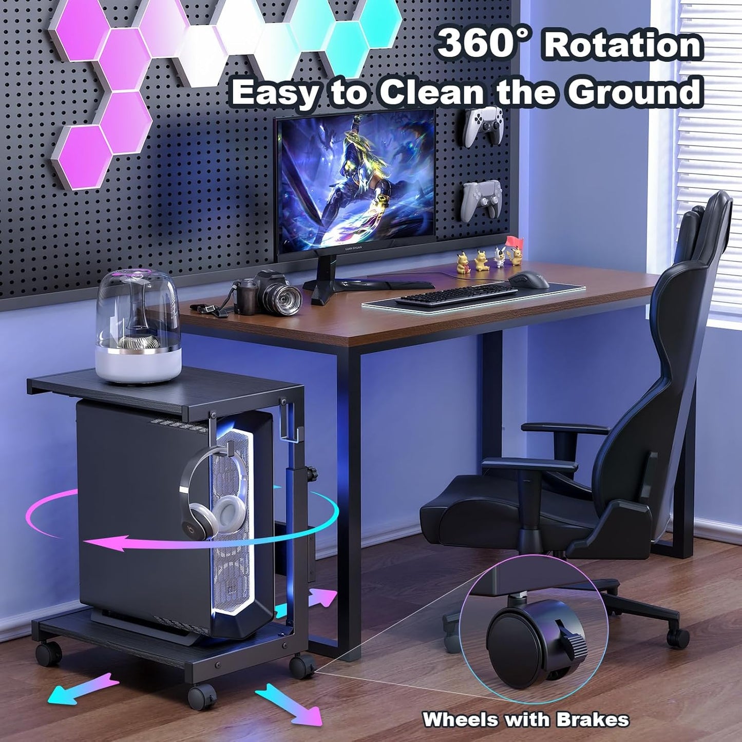 Computer Tower Stand with Charge Station and USB Charging Port - Height Adjustable PC Tower Stand, Under Desk CPU Holder Cart with Locking Caster Wheels for Fits Most PC