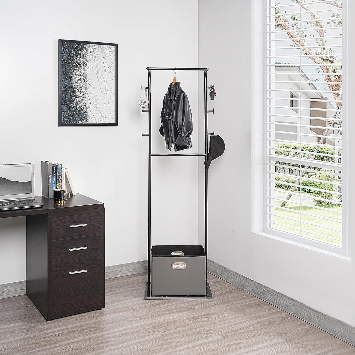 Heavy Duty Coat Rack with Storage Basket Metal Hanging Clothes Rack with Marble Base Modern Standing Clothing Rack for Entryway Bedroom Living Room Hotel 19.69 x 13.39 x 67.72 Inches (Black)