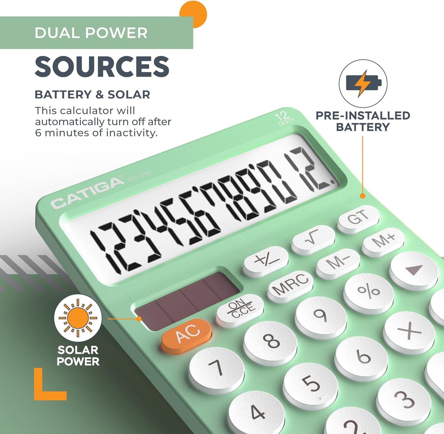 CATIGA 12 Digit Desktop Calculator Basic Desk Calculator with Large LCD Display, Big Buttons, 4 Function, Solar and Battery Dual Power, for Office, School, Home, SD-1292 Mint
