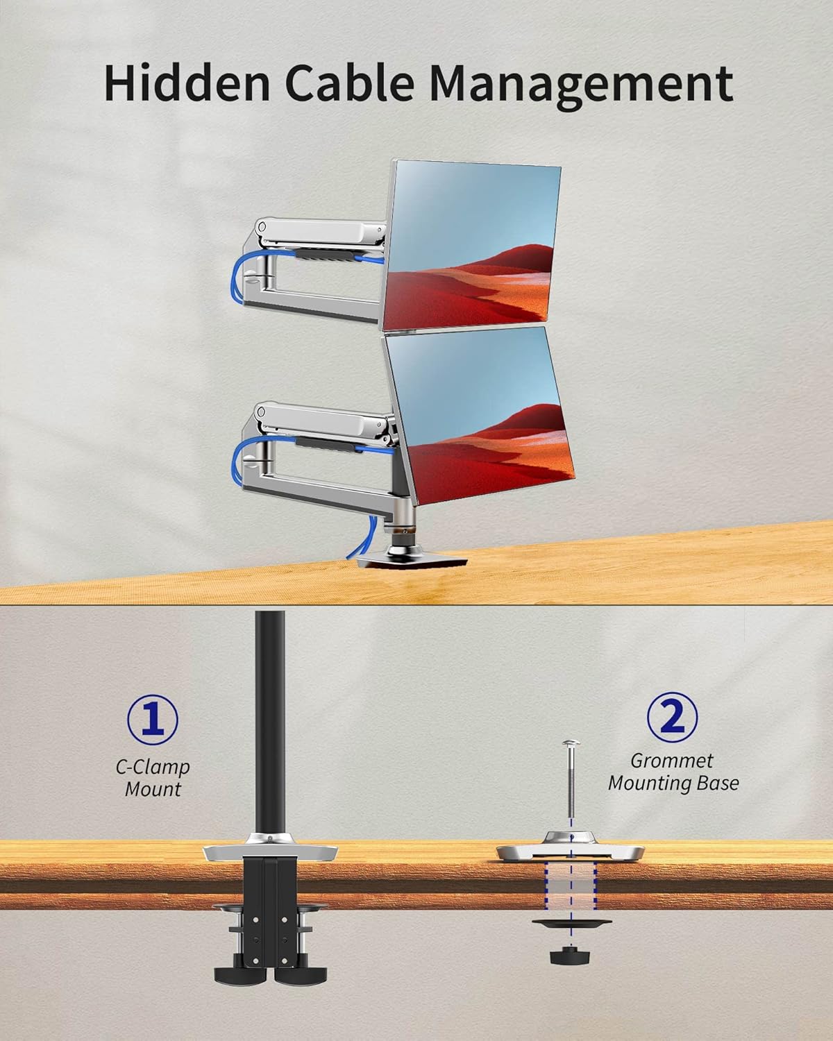 Dual Monitor Mount, Holds Screens up to 40 Inches and 25 lbs, Fully Adjustable Dual Monitor Arm with C-Clamp and Grommet Base, Aluminum, Silver