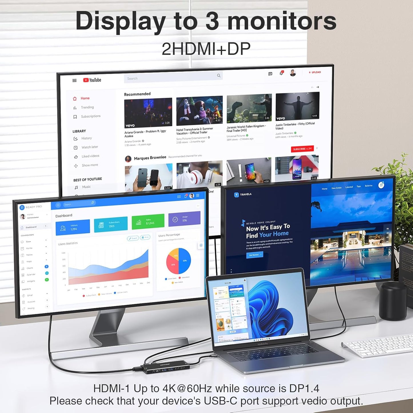 USB C Docking Station 3 Monitors USBC Hub Laptop Dual Monitor Multiport Adapter Dock Dongle,USBC to 2 HDMI,4K DisplayPort,PD Charging,Ethernet,7 USB-C/A Ports,SD/TF,Audio for Dell/HP/Lenovo(Black)