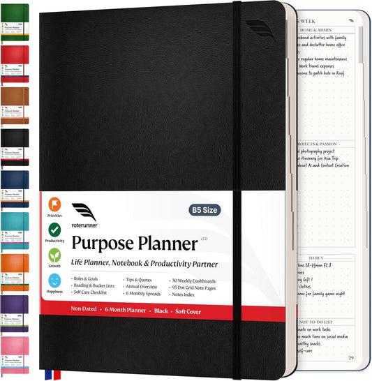 Purpose Planner B5 Undated Monthly Weekly Daily Productivity Journal 2024 Life Health Goal Setting Business Tool for Professionals Moms Academic Student Organizer Notebook (7.5”x9.8” Black Softcover)