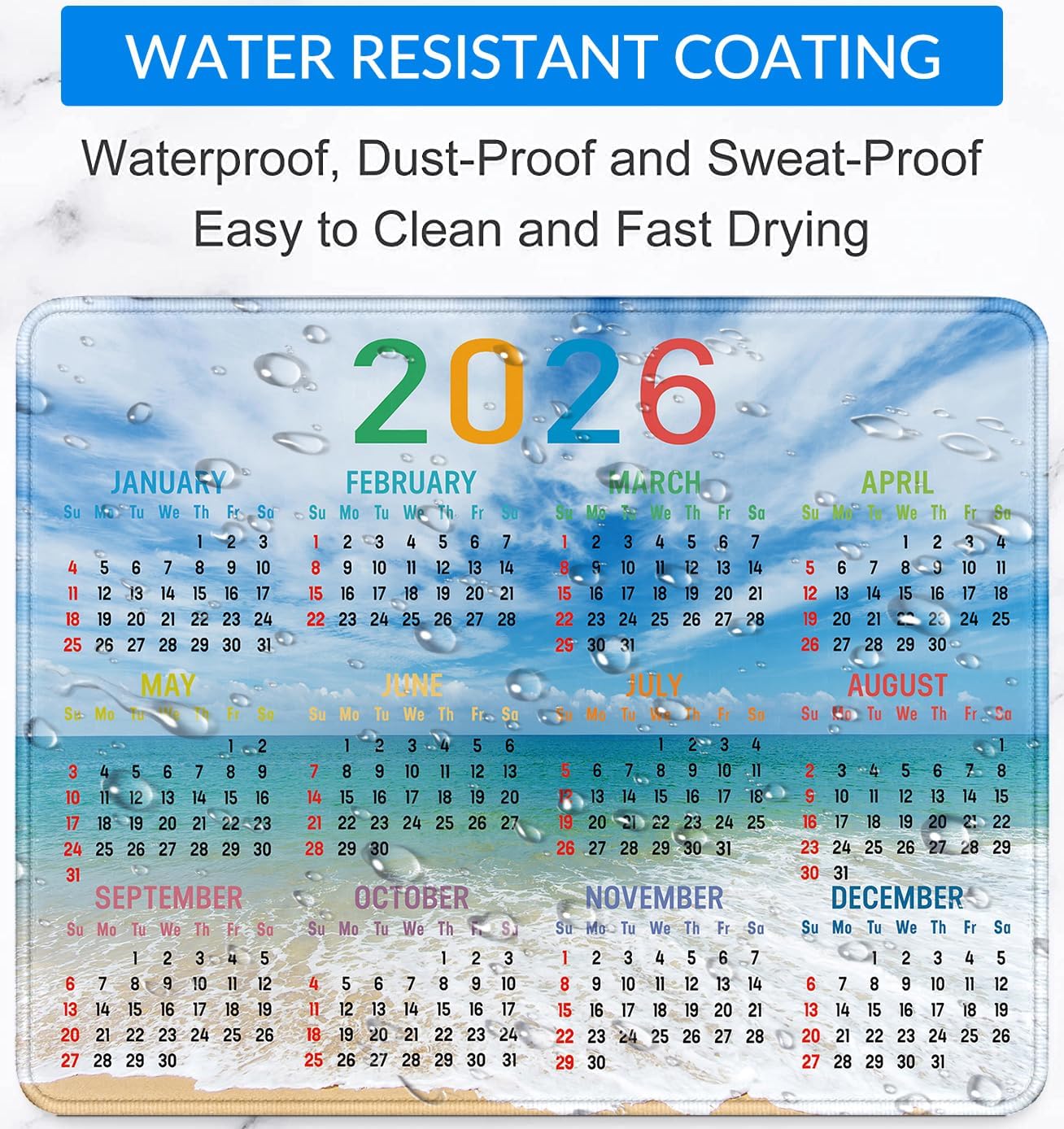 2026 Calendar Mouse pad, Gaming Stitched Edge Computer Accessory Mouse Pad, Rectangular Anti Slip Chloroprene Rubber Mouse Pad for Office and Home Use (Beach Calendar Mouse Pad)