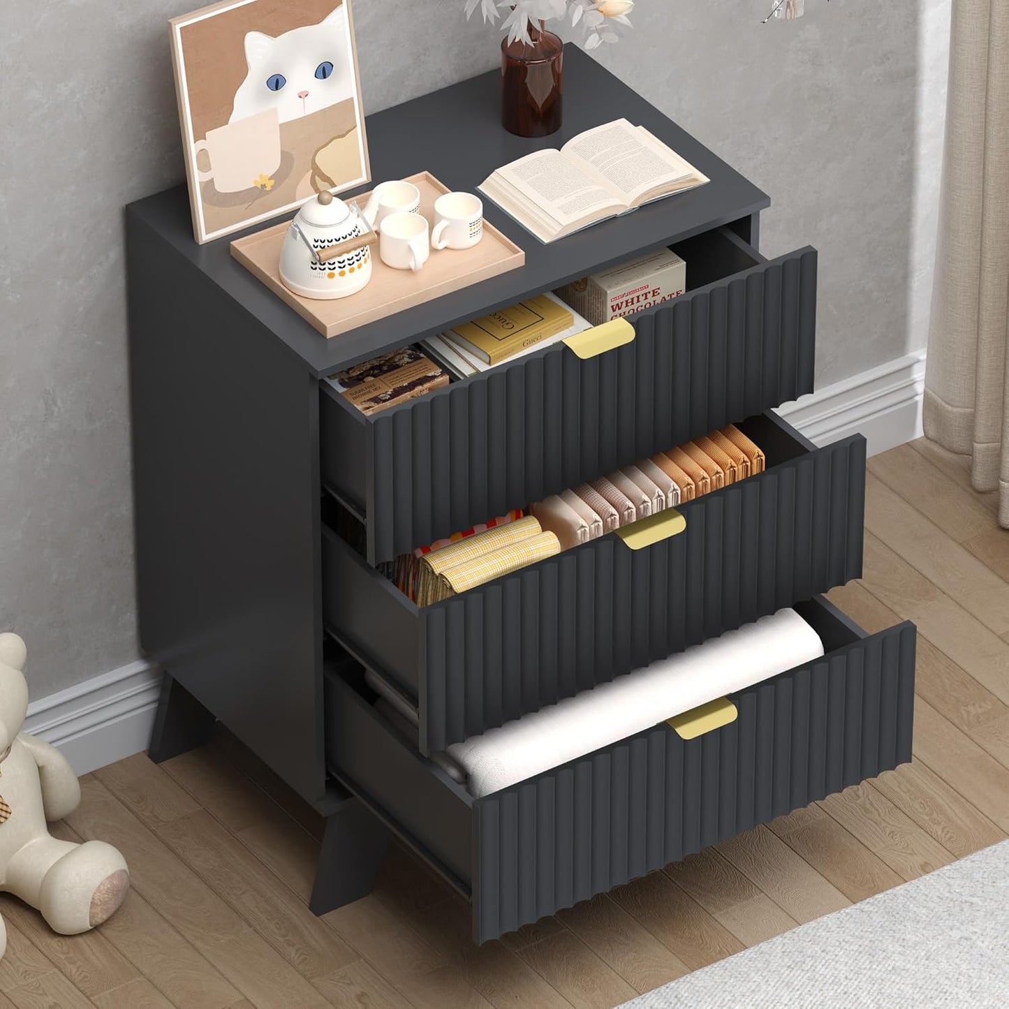 Fluted 3 Drawer Dresser, 30.3" Tall Compact Modern Boho Chest of Drawers, Wooden Storage Cabinet for Bedroom, Living Room, Entryway, Curved Profile Design