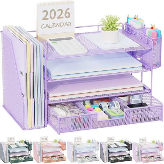 gianotter Desk Organizers and Accessories with File Holder, 4-Tier Desk Accessories & Workspace Organizers with Drawer and 2 Pen Holder, Paper Organizer for Office Supplies (Purple)
