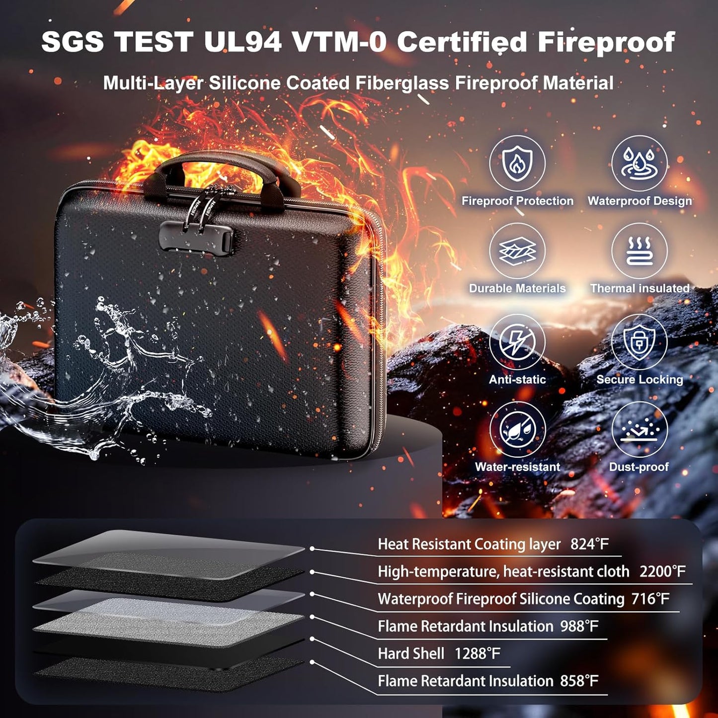 Fireproof Document Box, Hard Case Fireproof File Organizer with Lock and 13 Pocket Accordion File Folder, Portable Safe Box for Home Office Travel to Storage Important Documents Laptop Black