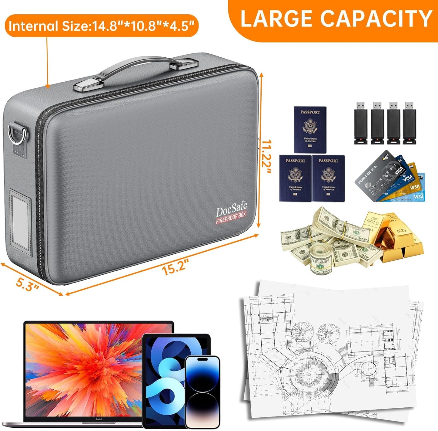 DocSafe Fireproof Document Box with Lock＆Shoulder Strap,Hard Case File Organizer with Accordion File Folder,Multi-Layer Portable Home Office Travel Safe Storage for Important Documents Laptop Gray