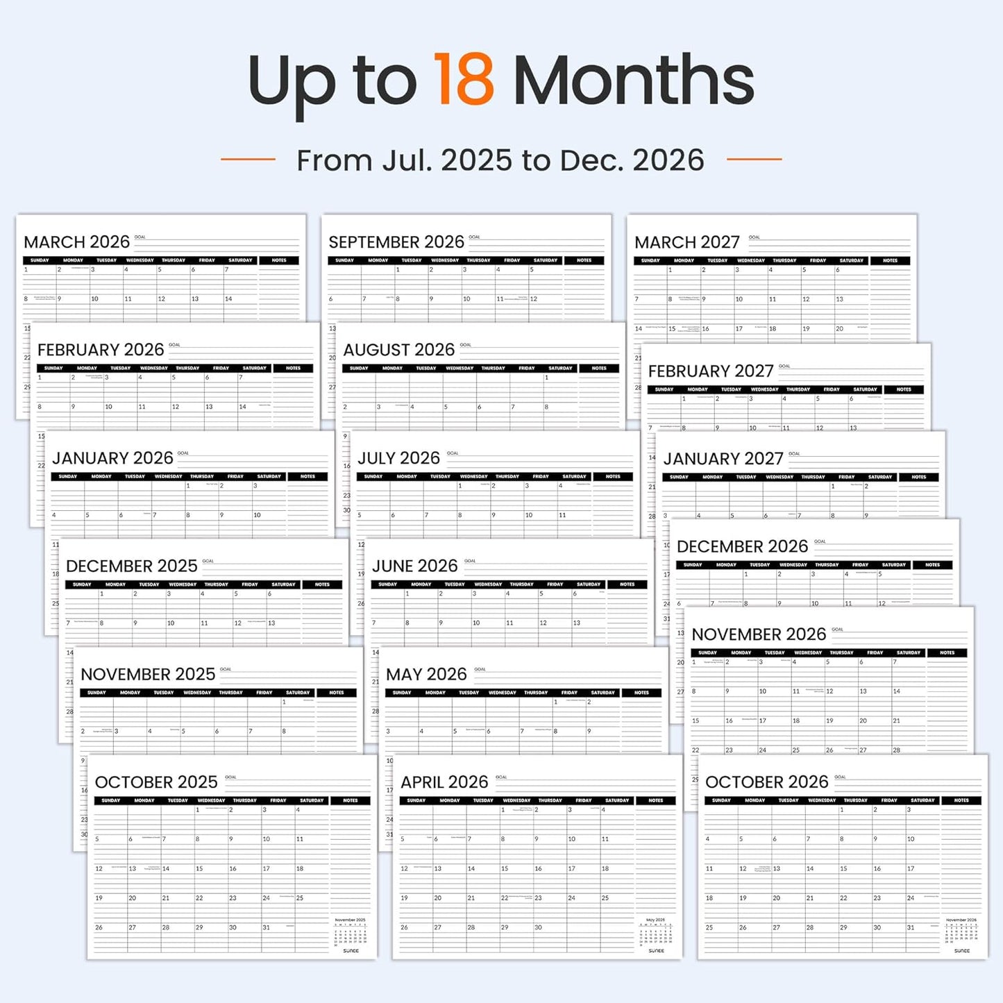 SUNEE Desk Calendar 2025-2026 3 Packs - 18 Month Calendar Oct 2025 - Mar 2027, 17" x 12" Desktop Calendar with Notes, for Planning, Organizing in Family, School or Office - Black 2026 Calendar