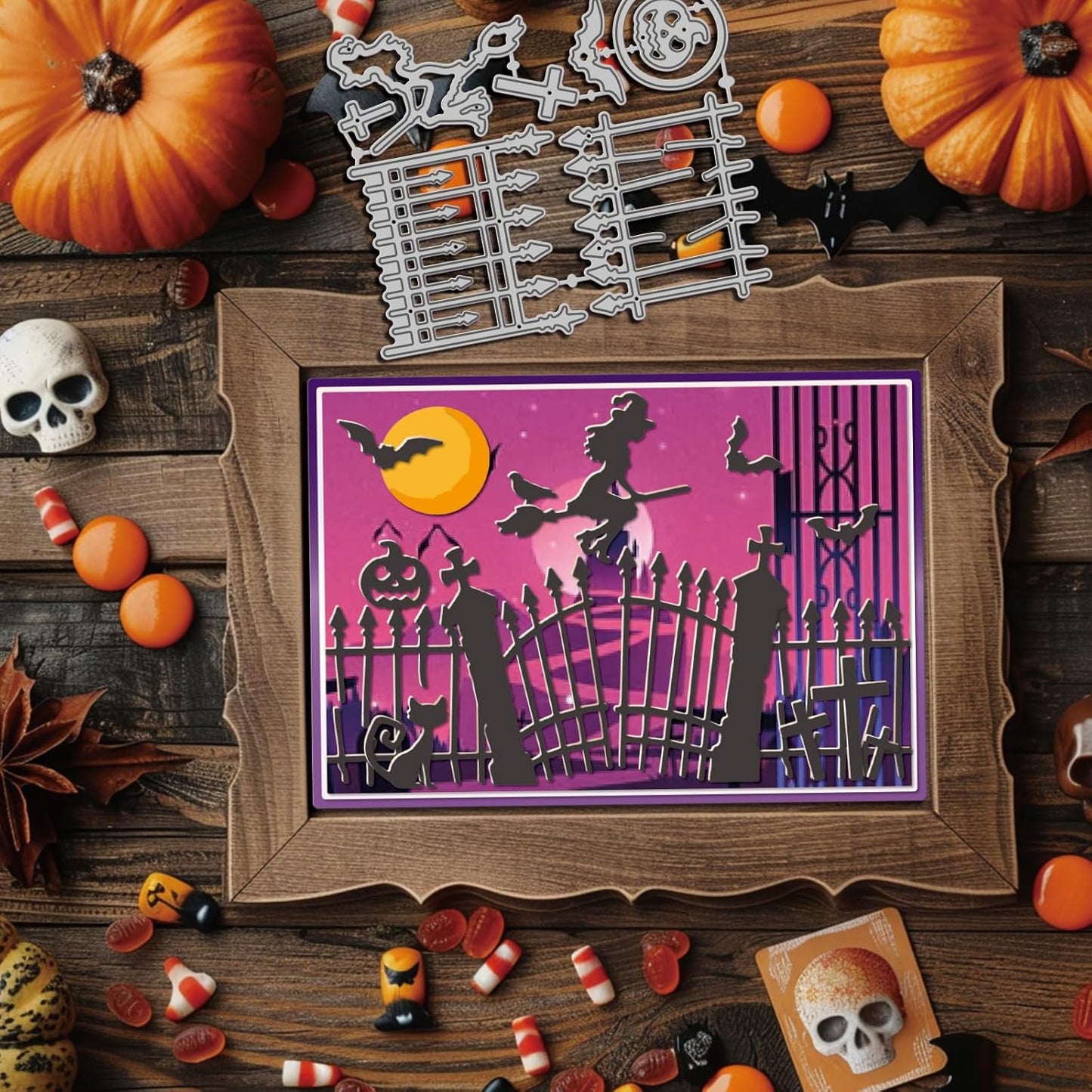 GLOBLELAND Halloween Gate Cutting Dies for Card Making Witch and Cat Cut Die for DIY Scrapbooking Journal Embossing Paper Craft Decor