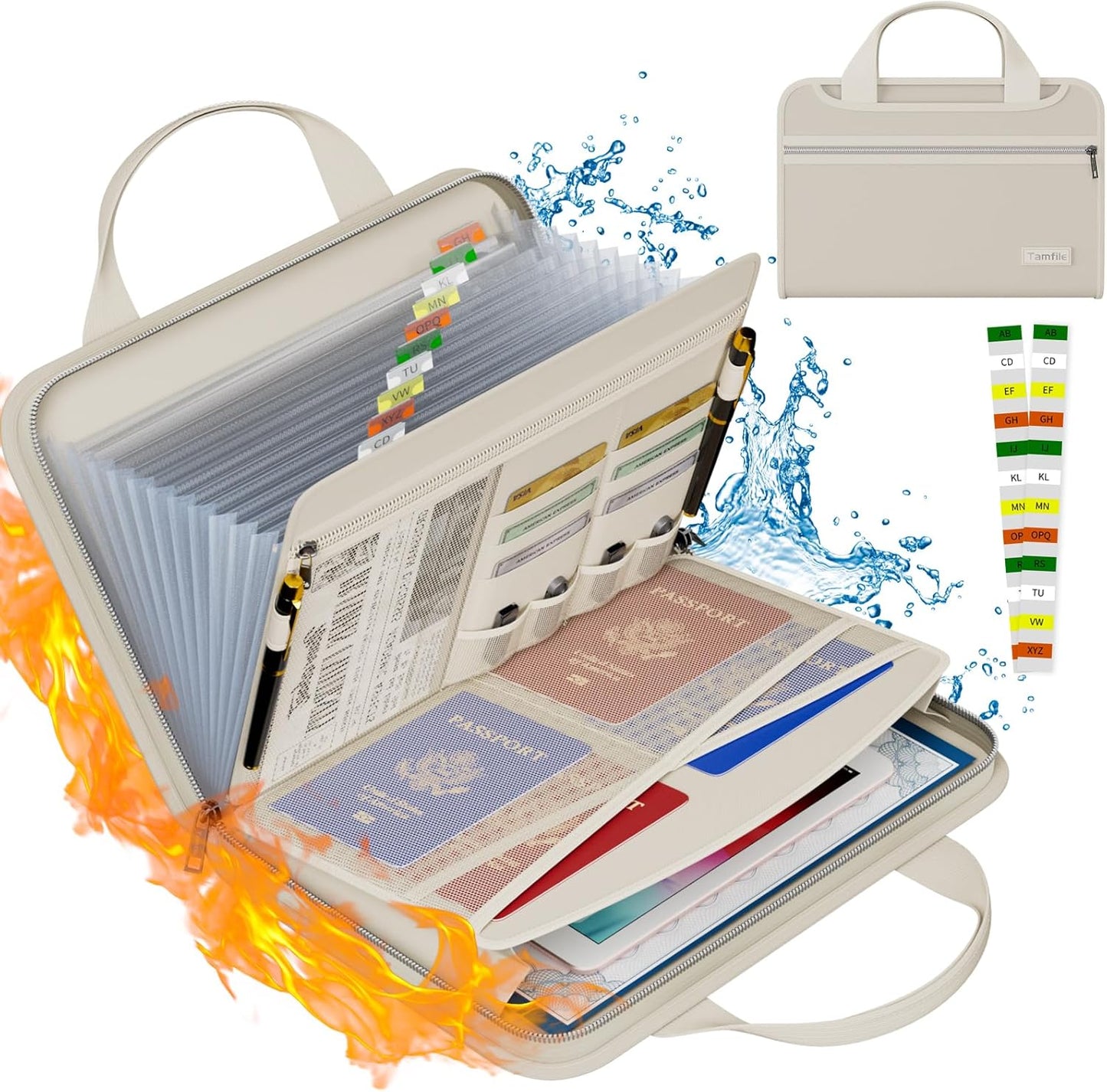 Tamfile Fireproof Accordion File Organizer with Handle, 13 Pocket Expanding File Folder with Zipper & Labels, File Folder with Multi-Pockets Paper Organizer Folder for Letter A4 Files, Beige