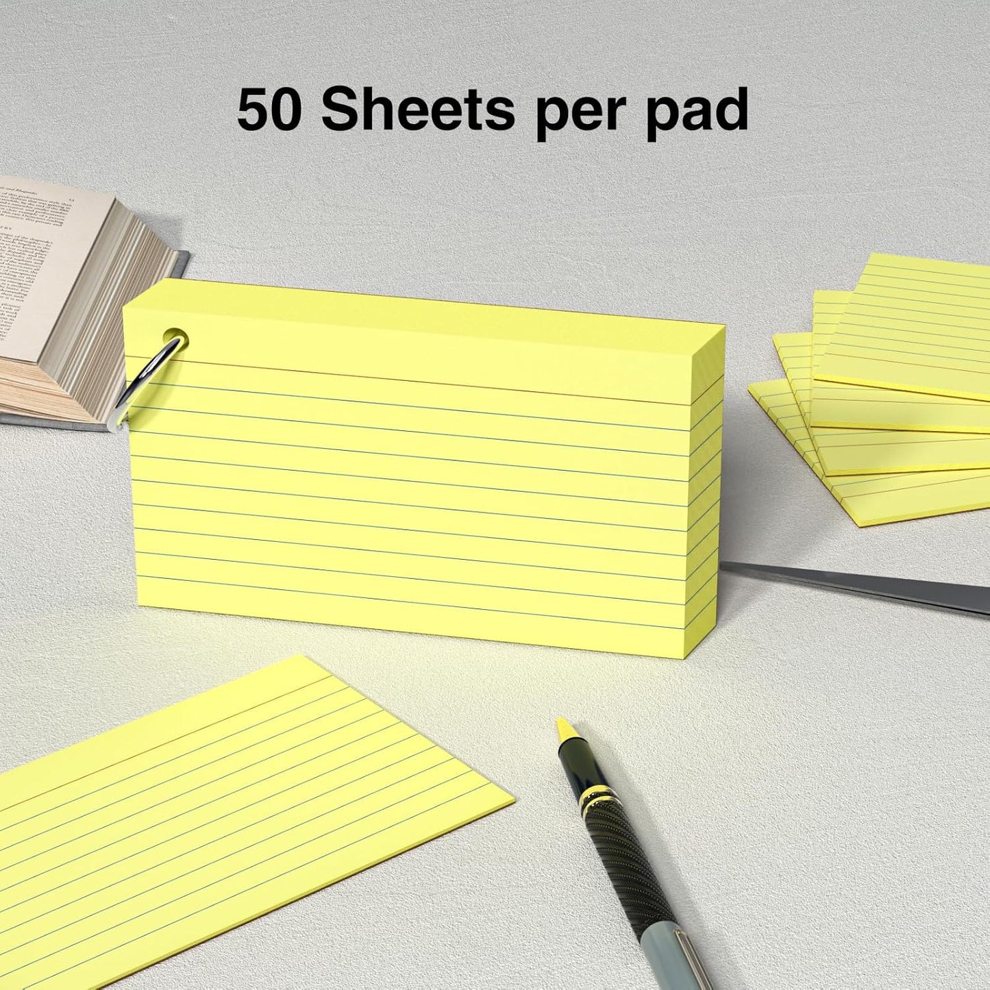 250 Count Yellow Index Cards 3x5 Inch with Key Ring, Color Flash Index Card (50 Sheets Each), Durable & Portable Note Taking for Students, Teachers, Study Note Cards for Office Home School