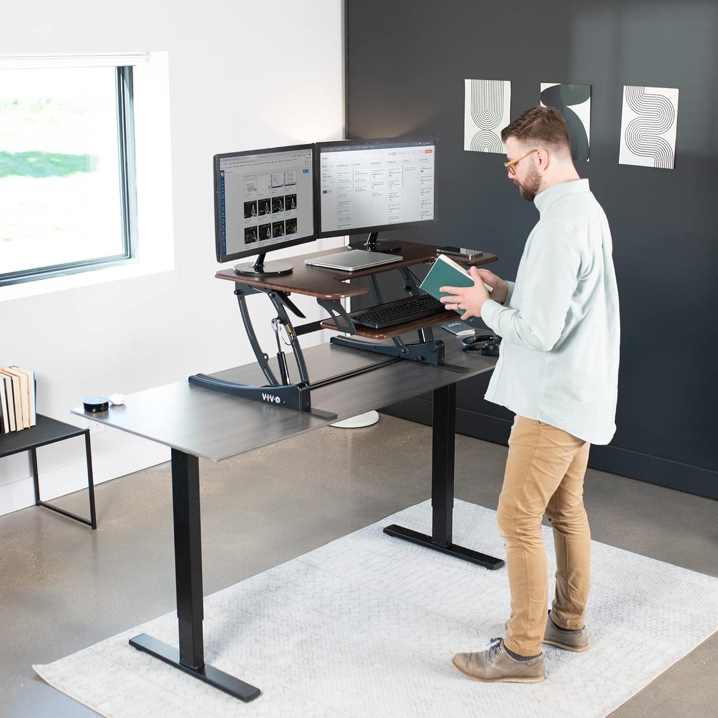 VIVO 36 inch Height Adjustable Stand Up Desk Converter, V Series, Quick Sit to Stand Tabletop Dual Monitor Riser Workstation, Dark Walnut Top, Black Frame, DESK-V000VD