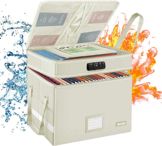 DocSafe File Box with Lock,Multi-Layer Fireproof Document Box Collapsible File Storage Organizer with Pockets/Handle,Large Portable Home Office Filing Box for Hanging Letter/Legal Size Folders,Beige