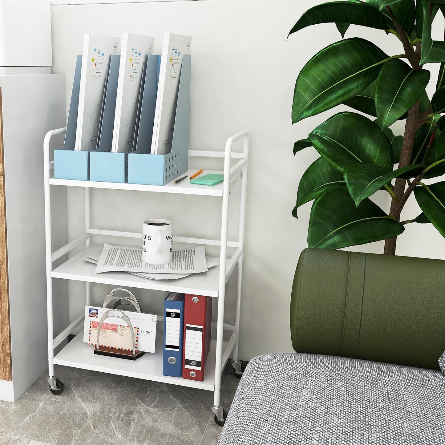 HDANI 3 Tier Rolling Cart Shelves,Heavy Duty Multifunctional Metal Frame-Supports 22 Lbs Per Tier,Rolling Cart with 2 Lockable Wheels for Home, Office,Kitchen,Bathroom,Bedroom(White)…