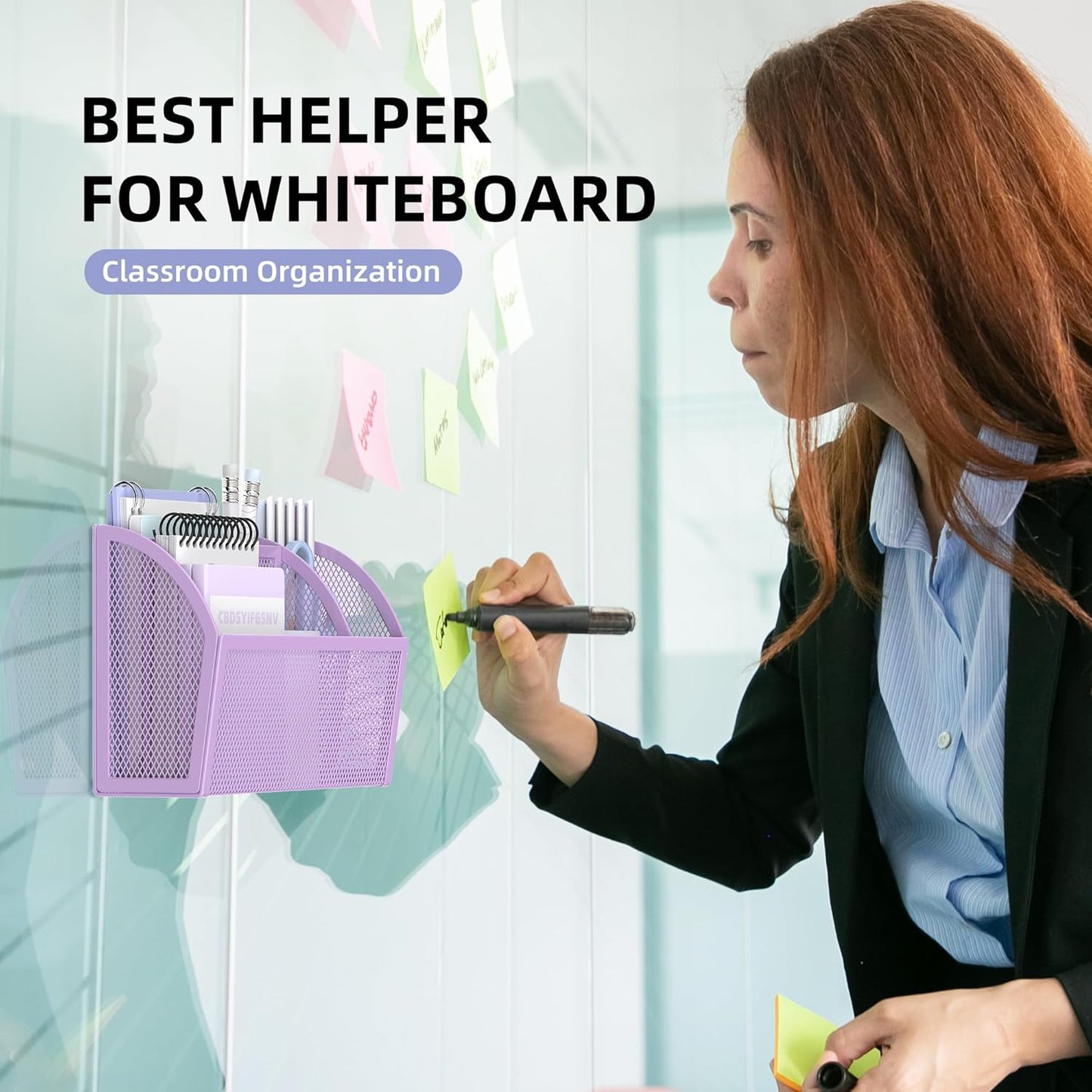 DALTACK Magnetic Pencil Holder - 3-Grid Mesh Shelf for Whiteboard, Refrigerator & Locker - Organizer for Home, School & Office, Purple