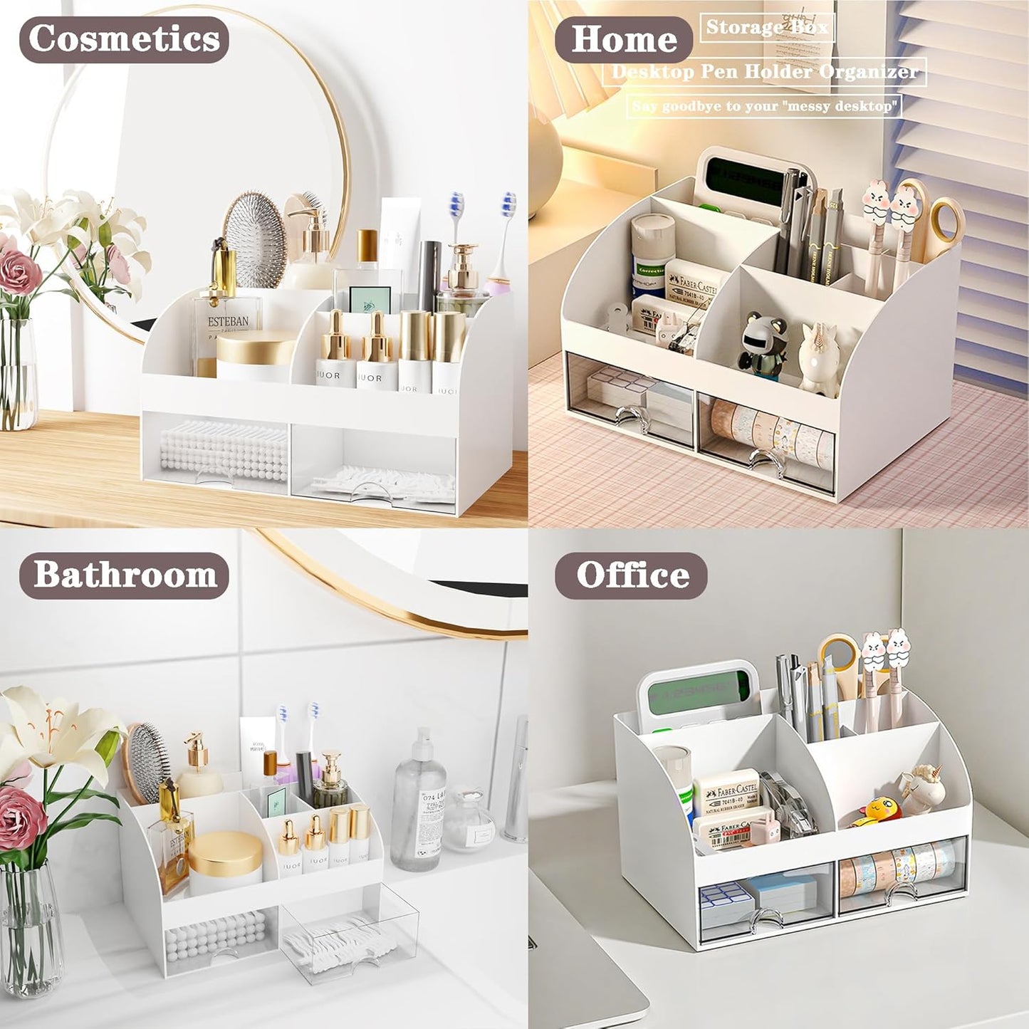 Desk Accessories with Pen Holder, Office Supplies Desk Organizers and Accessories, Tape Dispenser, Stapler, Staple Remover, Staples, Clips Set, Ruler, Scissor, Pen, Tape (White)