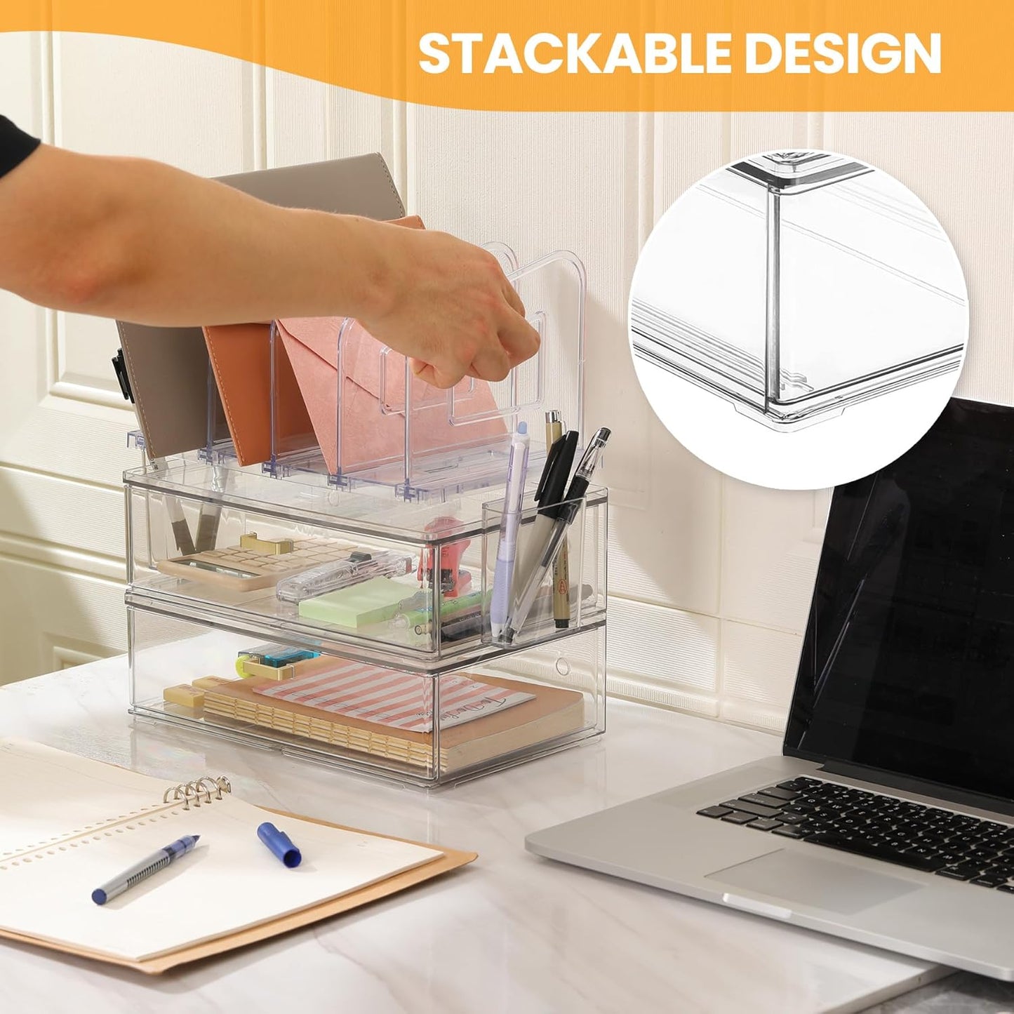 Acrylic Desk Organizer Set, 2 Pack Stackable Drawer Organizer with 4 Vertical File Sorter and 2 Pen Holders, Desktop Storage for Files, Letter, Documents, Office Supplies, Desk Accessories