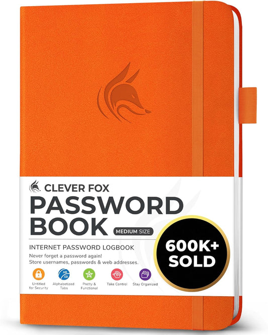 Clever Fox Password Book with alphabetical tabs. Internet Address Organizer Logbook. Medium Password Keeper for Website Logins (Orange)