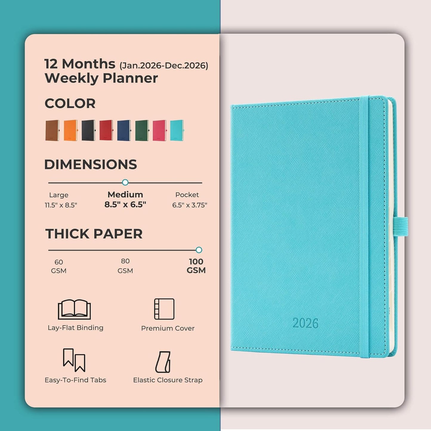 Weekly Monthly 2026 Planner (Jan.26-Dec.26),8.5"x6.5",12 Months Agenda Plan with Month Tabs & Pocket,Expenses/Note Pages, Appointment Book Calendar with Vegan Leather Cover,Light Blue