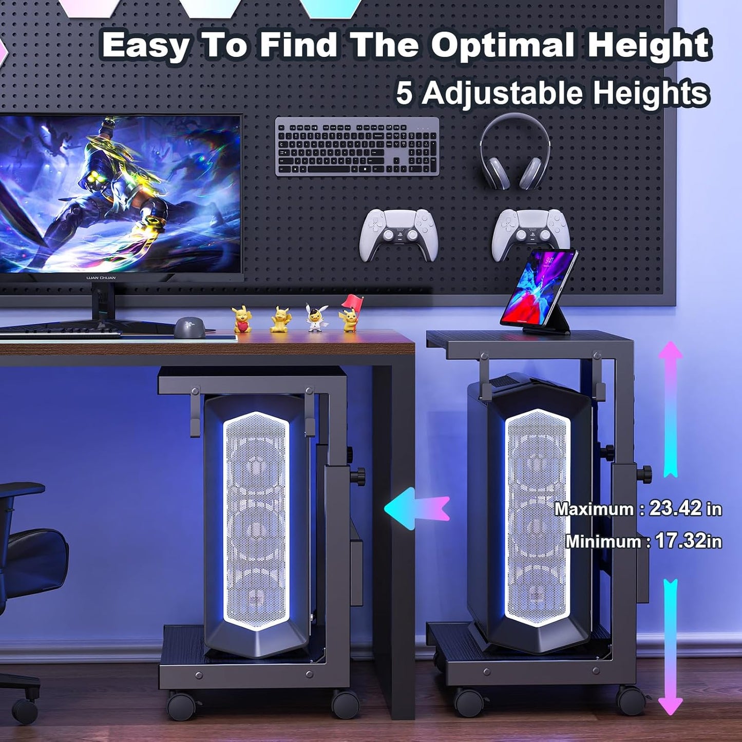 Computer Tower Stand with Charge Station and USB Charging Port - Height Adjustable PC Tower Stand, Under Desk CPU Holder Cart with Locking Caster Wheels for Fits Most PC