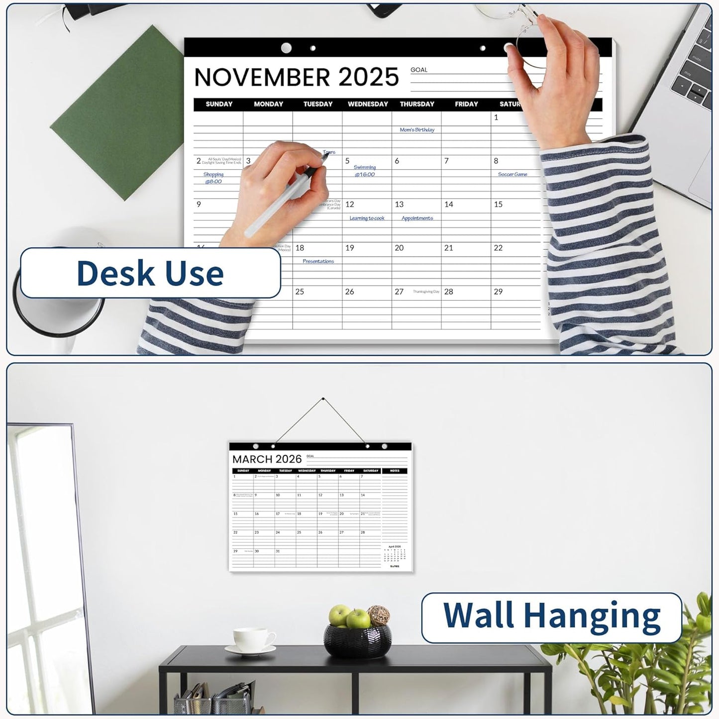 SUNEE Desk Calendar 2025-2026 17x12, 18 Months, JUL. 2025 - DEC. 2026, Academic Calendar 2025-2026, School Year Large Desktop Calendar Monthly for Teacher, Black with Note
