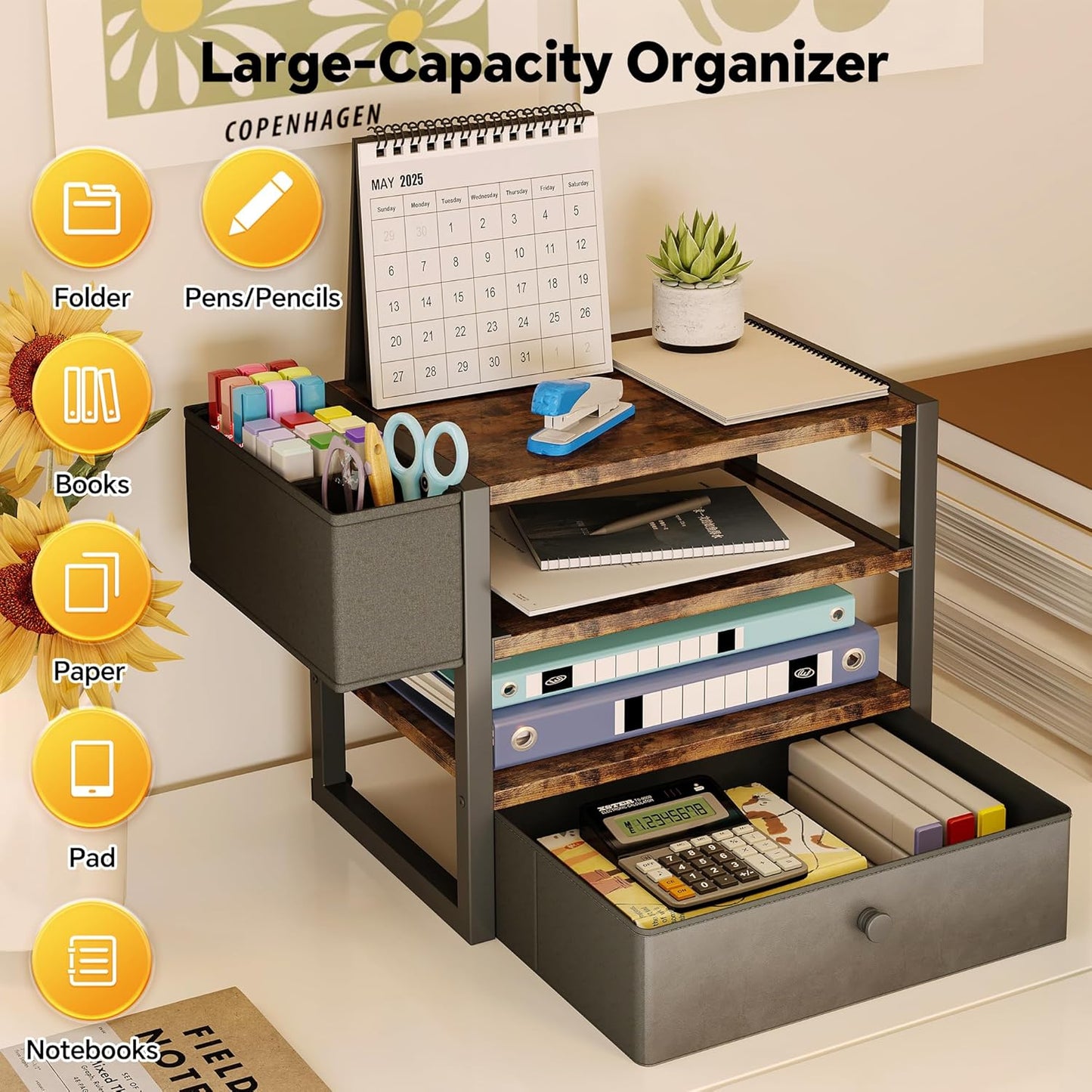 Desk Organizers and Accessories, 4-Tier Paper Letter Tray File Organizer with Fabric Drawer & 3 Pen Holder, Office Desk Accessories Workspace Desktop Organizer for Office Supplies, Rustic Brown