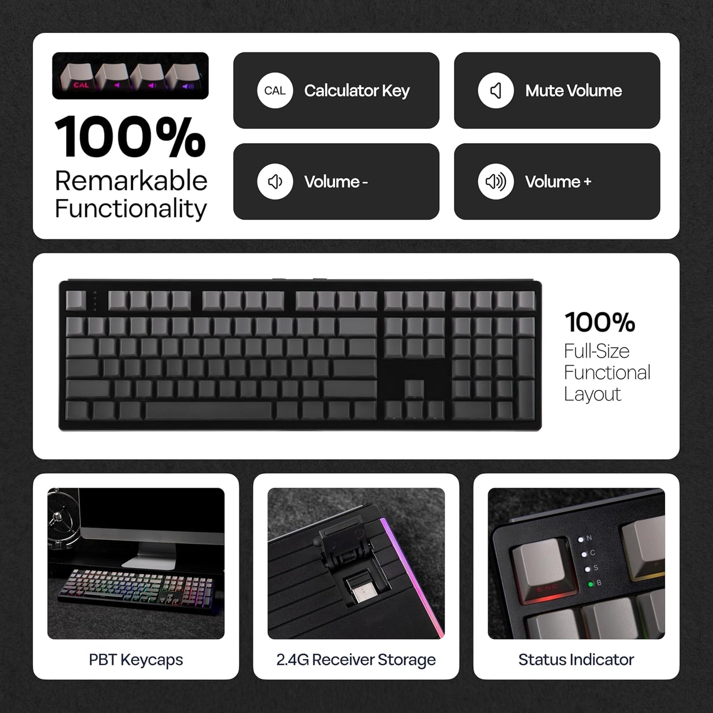 EPOMAKER TH108 Full Size Mechanical Keyboard, Wireless Gaming Keyboard, 8000mAh Battery, Creamy Gasket, 108 Keys, Hot Swap, Custom Driver, RGB Backlights (Black, Creamy Jade Switch)