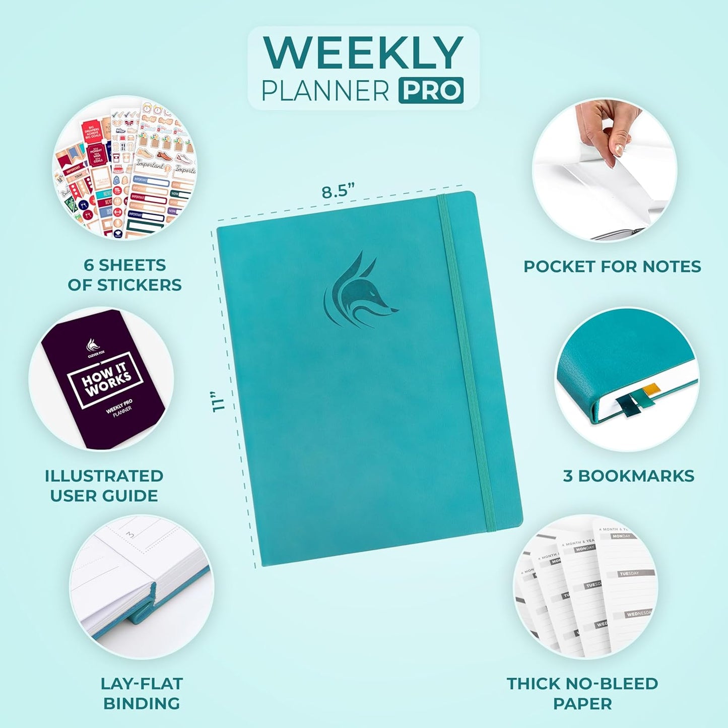 Clever Fox Planner PRO – Weekly & Monthly Life Planner to Increase Productivity, Time Management and Hit Your Goals, 8.5x11″ (Turquoise)