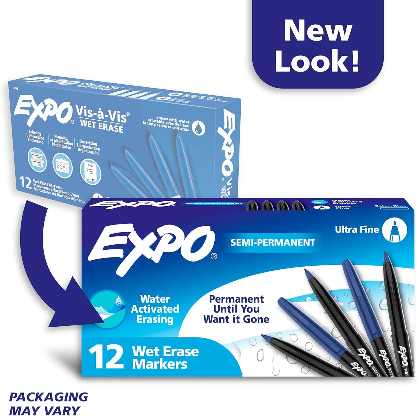 EXPO Wet Erase Markers, Semi-Permanent Markers, Blue, Ultra Fine Tip, 12 Count