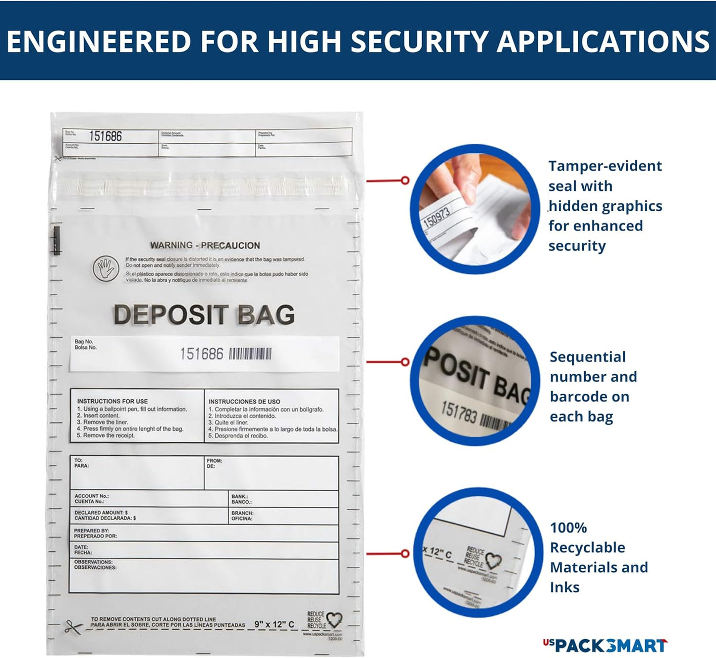 Clear Plastic Deposit Bags 9"x12" | Secure Bank Deposits, Cash Handling or Safe Currency Transportation | Sequential Barcodes | Tamper-Evident | Tear-Off Receipt for Security | 100-Pack