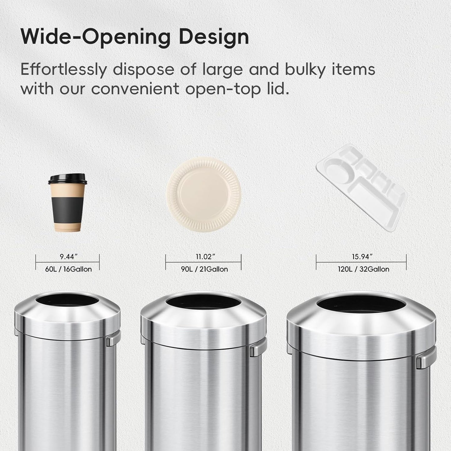 EKO 32-Gallon Round Stainless Steel Open Top Trash Can, Large Commercial Waste Bin with Detachable Lid and Carrying Handle, Brushed Metal Garbage Bin for Home, Office, Restaurant, Restroom