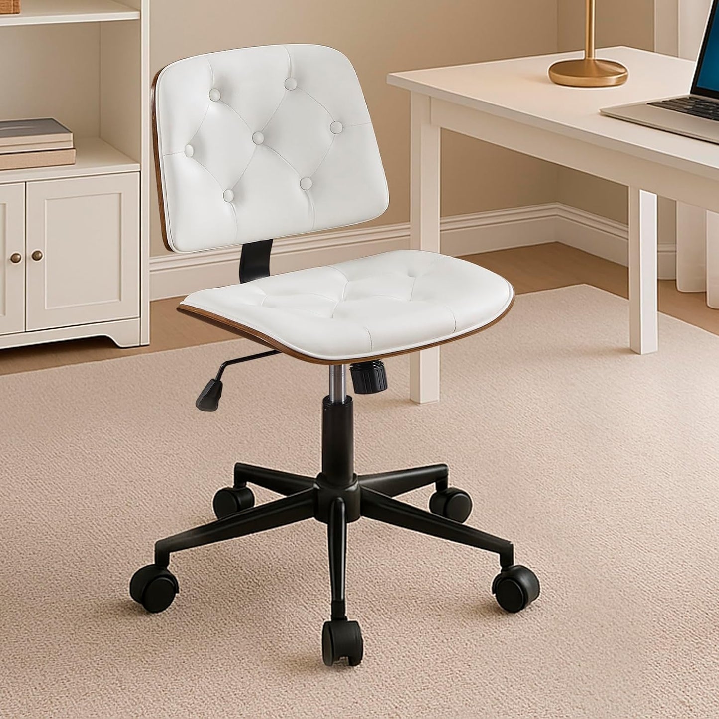 Small Home Office Chair – Adjustable Height, Armless PU Leather Mid-Back Desk Chair with Swivel Wheels, Walnut Finish, Perfect for Study or Bedroom, White