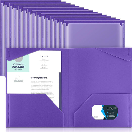 Henoyso 36 Pcs Plastic Folders with Clear Front Pockets Heavy Duty File Folders with 2 Pockets and Card Slot for Student Communication School Office Presentation Report (Purple)