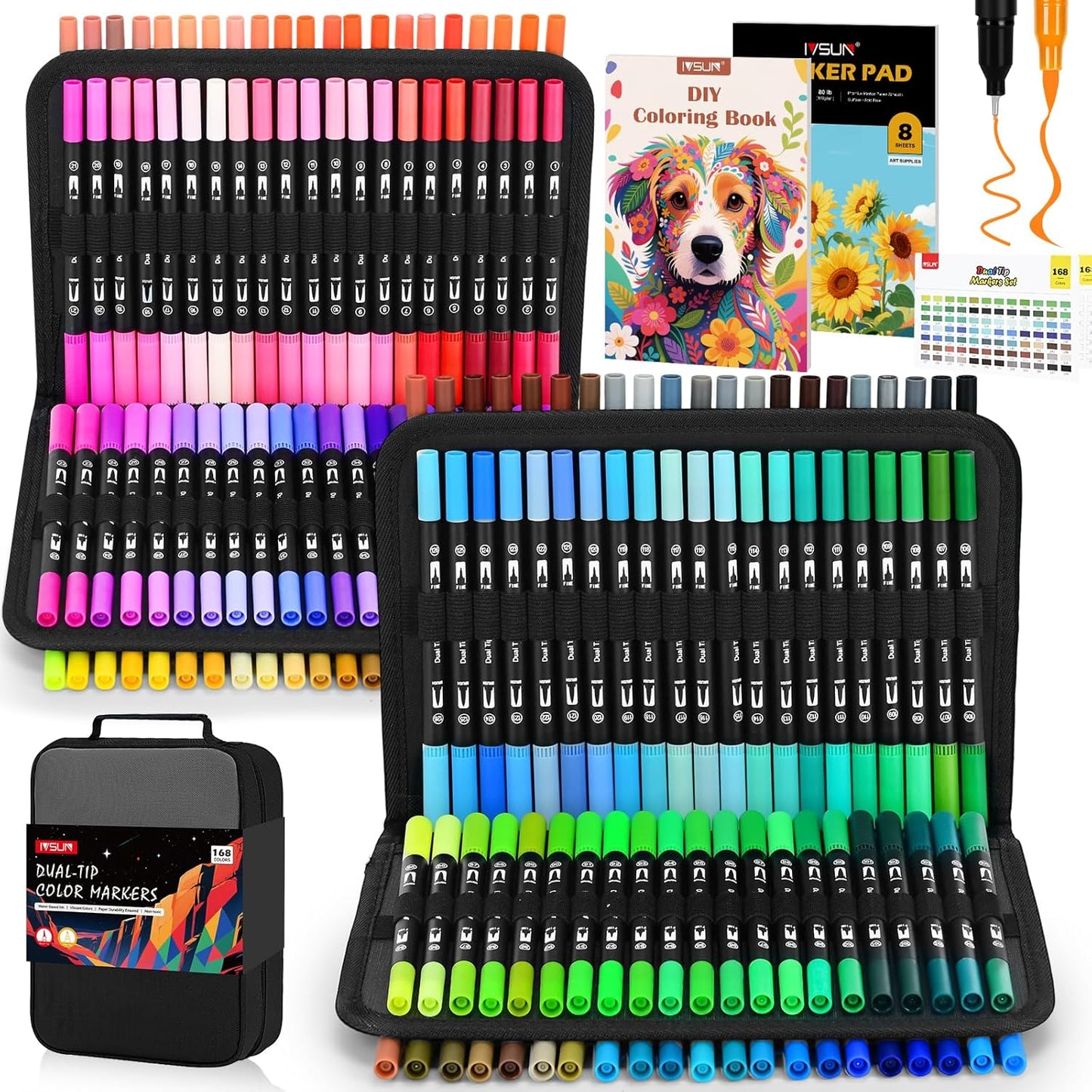 Dual Brush Marker Pens,168 Colors Art Markers Set with Fine & Brush Tip for Kids Adult Coloring Book, Bullet Journaling, Drawing, Note Taking, Planner, Hand Lettering, Calligraphy, Art Supplies Kit
