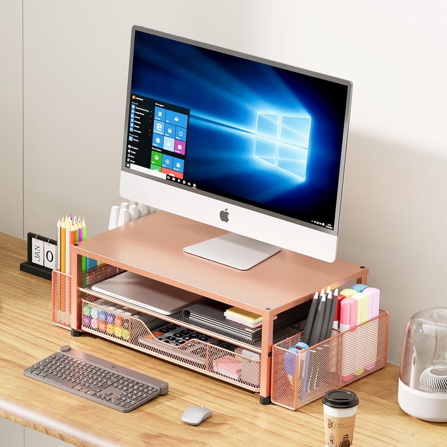 Desk Organizers and Accessories, 2-Tier Computer Monitor Stand with Drawer and 2 Pen Holders, Laptop Stand, Office Desk Accessories for Office Supplies, Rose Gold