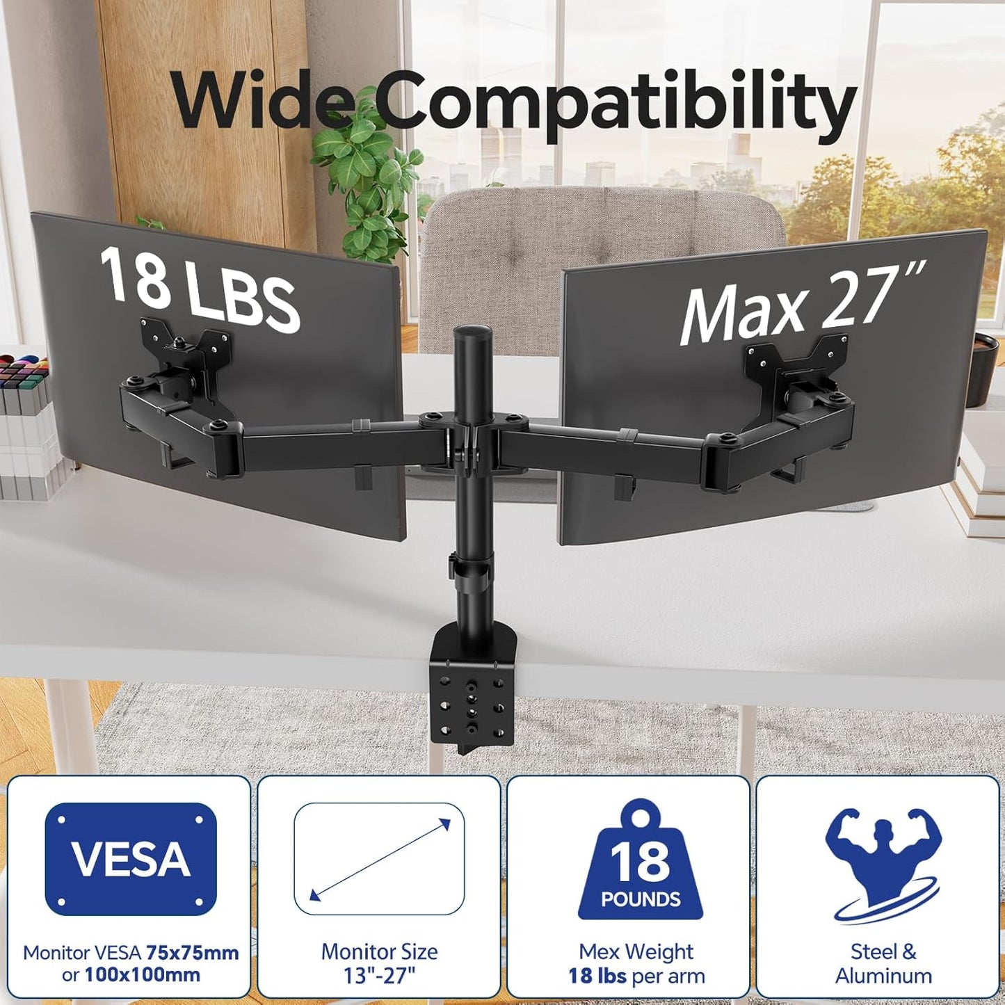 Simple Trending Dual Monitor Desk Mount, Heavy Duty Fully Adjustable Stand, Monitor Arm Fits 2 Computer Screens up to 27 inches and Max 18 lbs Each, Black