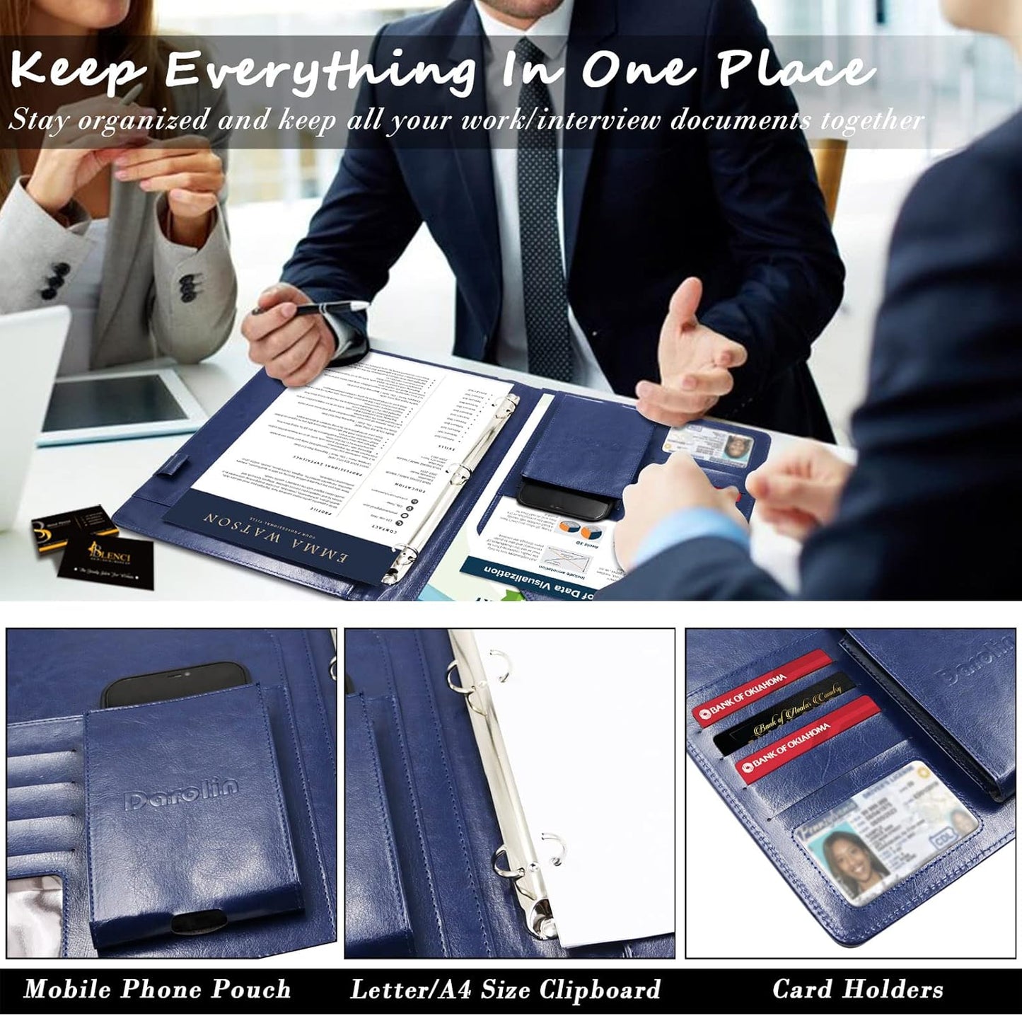 Darolin Business/Resume Portfolio Folder Binder, Padfolio with 3 Ring Binder, Interview/Conference/Legal Document Portfolio Organizer, Leather Portfolio Padfolio for Women/Men-BL
