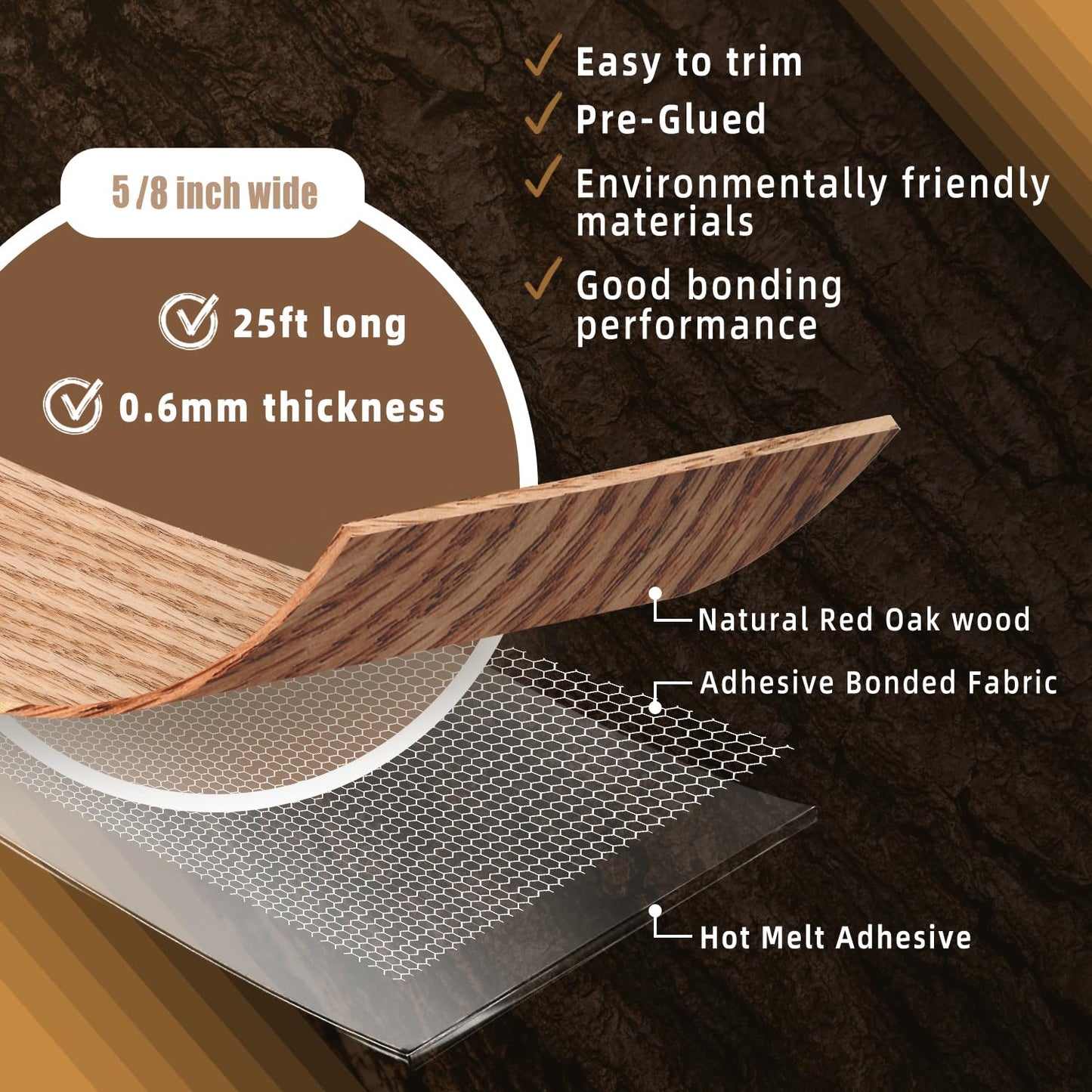 GSCIT Club Red Oak Edge Banding, 5/8 inch x 25ft roll of Veneer Edge Banding Preglued Flexible, Wood Tape Banding for Cabinet Repair