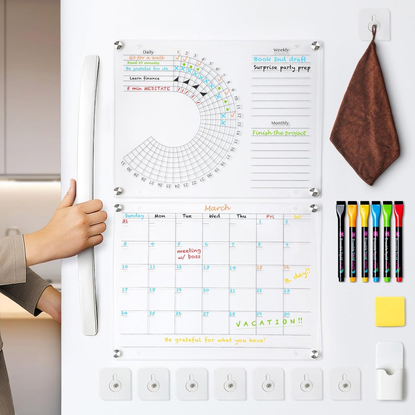 Acrylic Calendar and Habit Tracker Set - Magnetic Acrylic Calendar for Fridge - Clear Magnetic Planner for Refrigerator - Clear Dry Erase Board for Wall with pens, holder, eraser - The Goal Tracker