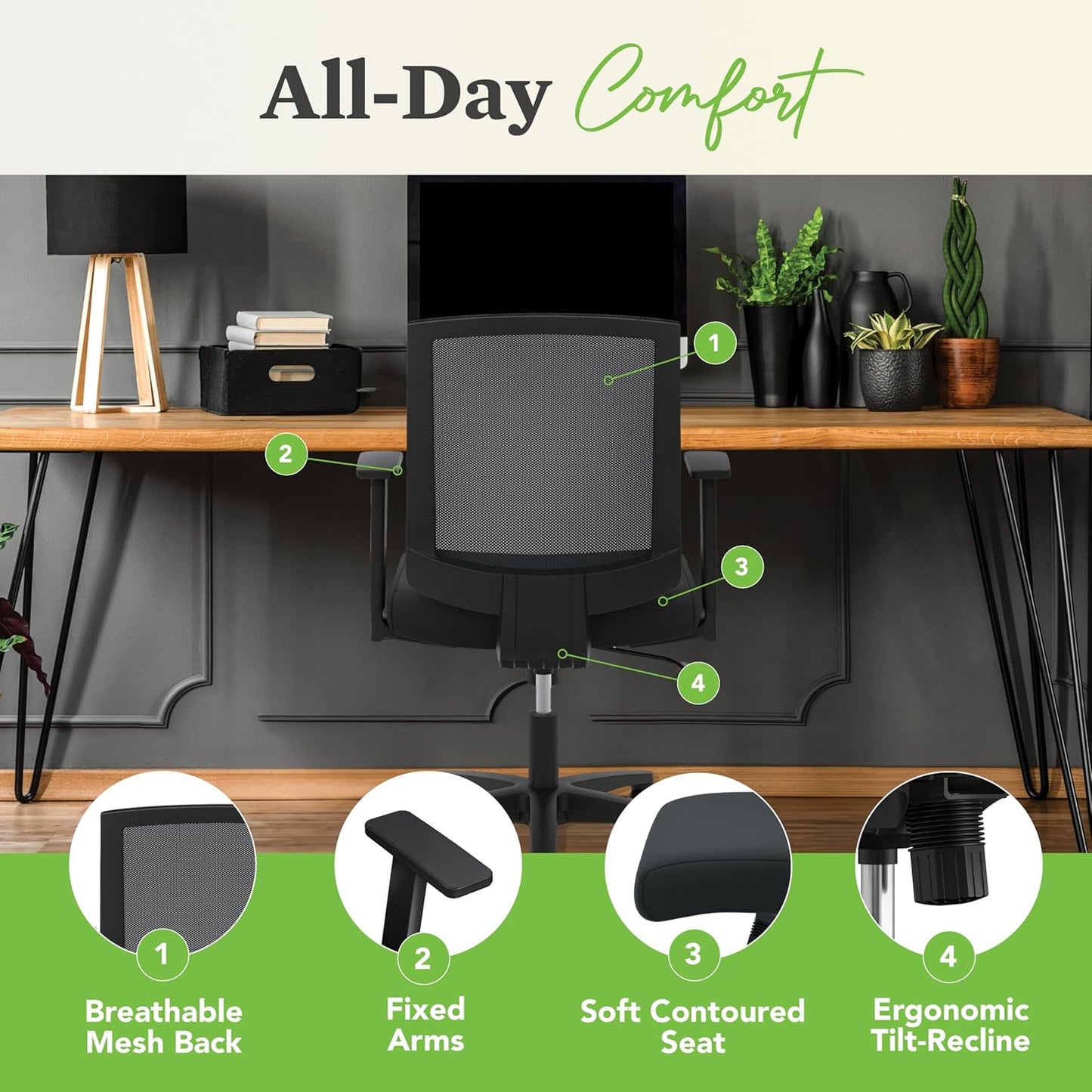 HON Torch Ergonomic Mid-Back Office Chair, Comfortable Fabric Seat Home Office Task Chair, Tilt-Tension Recline Control, 360 Rolling Swivel, Sculpted Fixed Arms