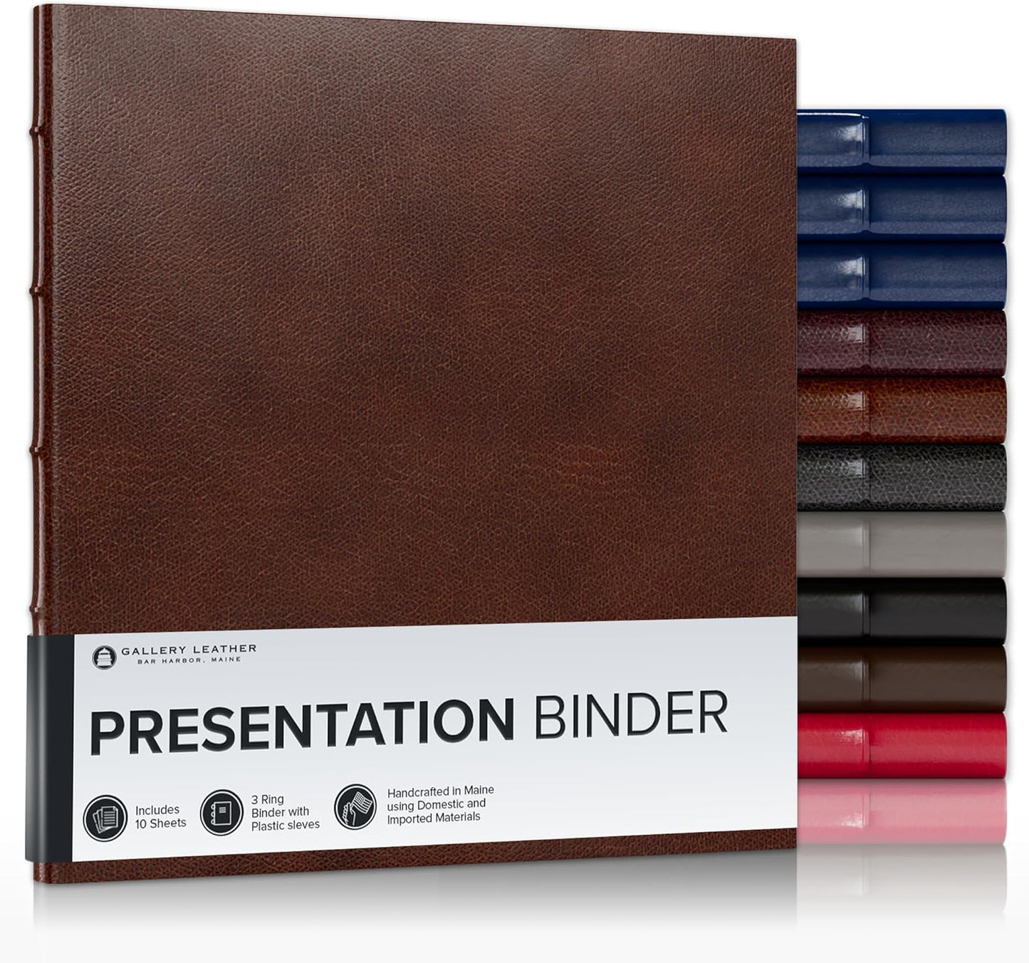 Gallery Leather 3 Ring Binder with Plastic Sleeves, Includes 10 Sheets, Sheet Size: 8.5" x 11" - Presentation Binder Rings with Hubbed Spine, Thick: 0.75" Belfast Brown