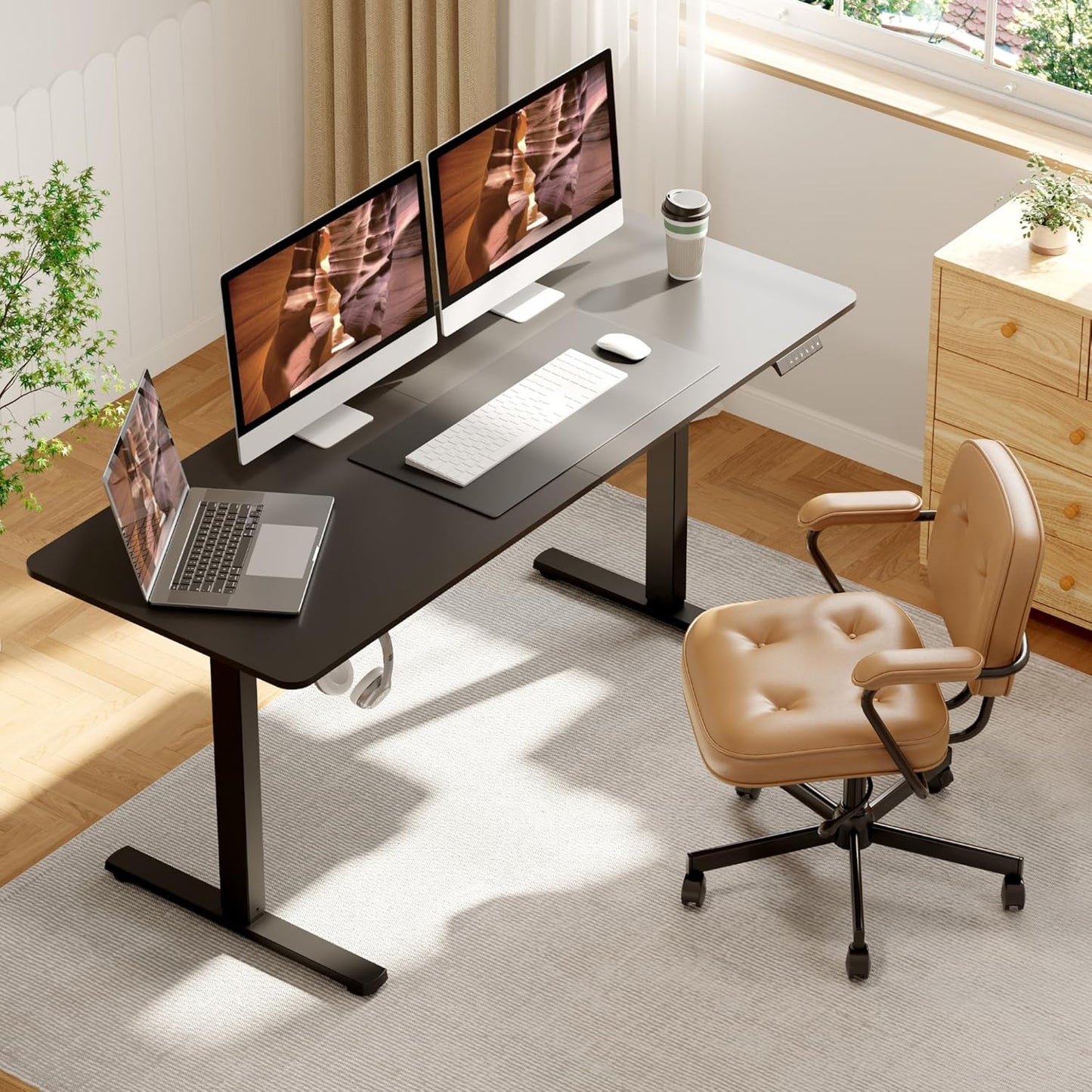 Adjustable Stand Up Desk Standing Desk, 63x24 Inches Home Office Desk with Memory Preset, Computer Workstation Splice Black Top + Black Frame