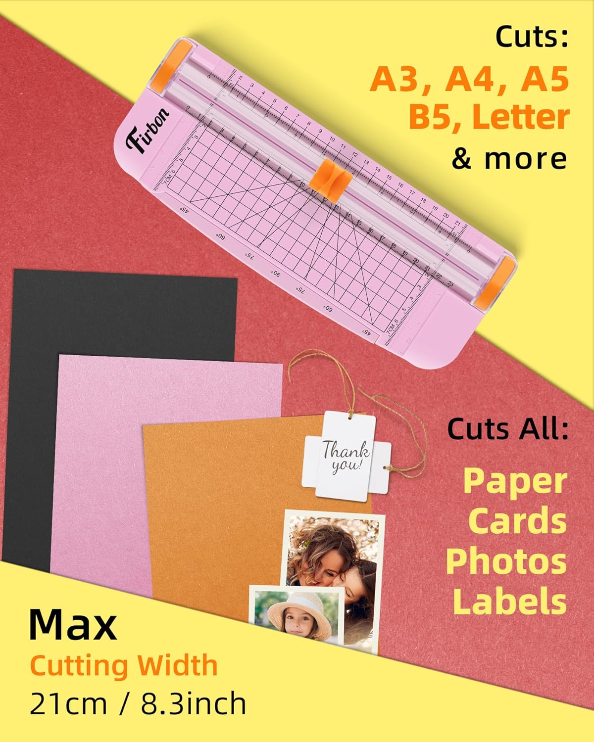 Firbon Pink A5 Paper Cutter, Straight Small Paper Trimmer with Side Ruler for Scrapbooking Craft, Paper, Coupon, Label, Cardstock