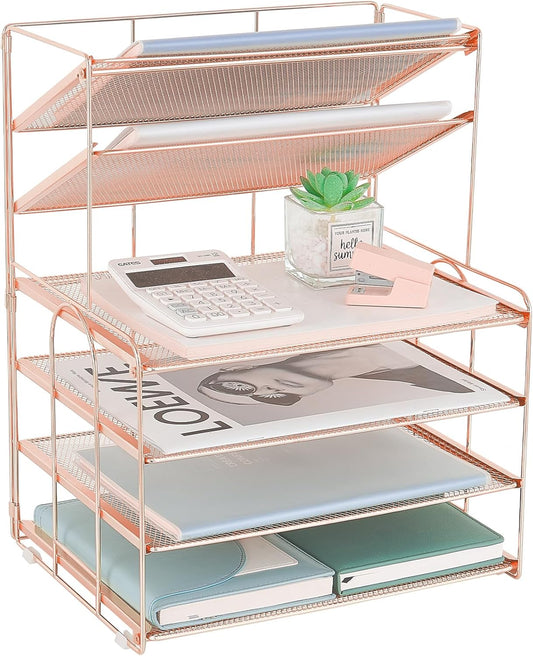Desk Organizers and Accessories, 6-Tier Letter Tray Paper Organizer, Desktop File Organizer, Office Desk Accessories for Office Supplies (Rose Gold)