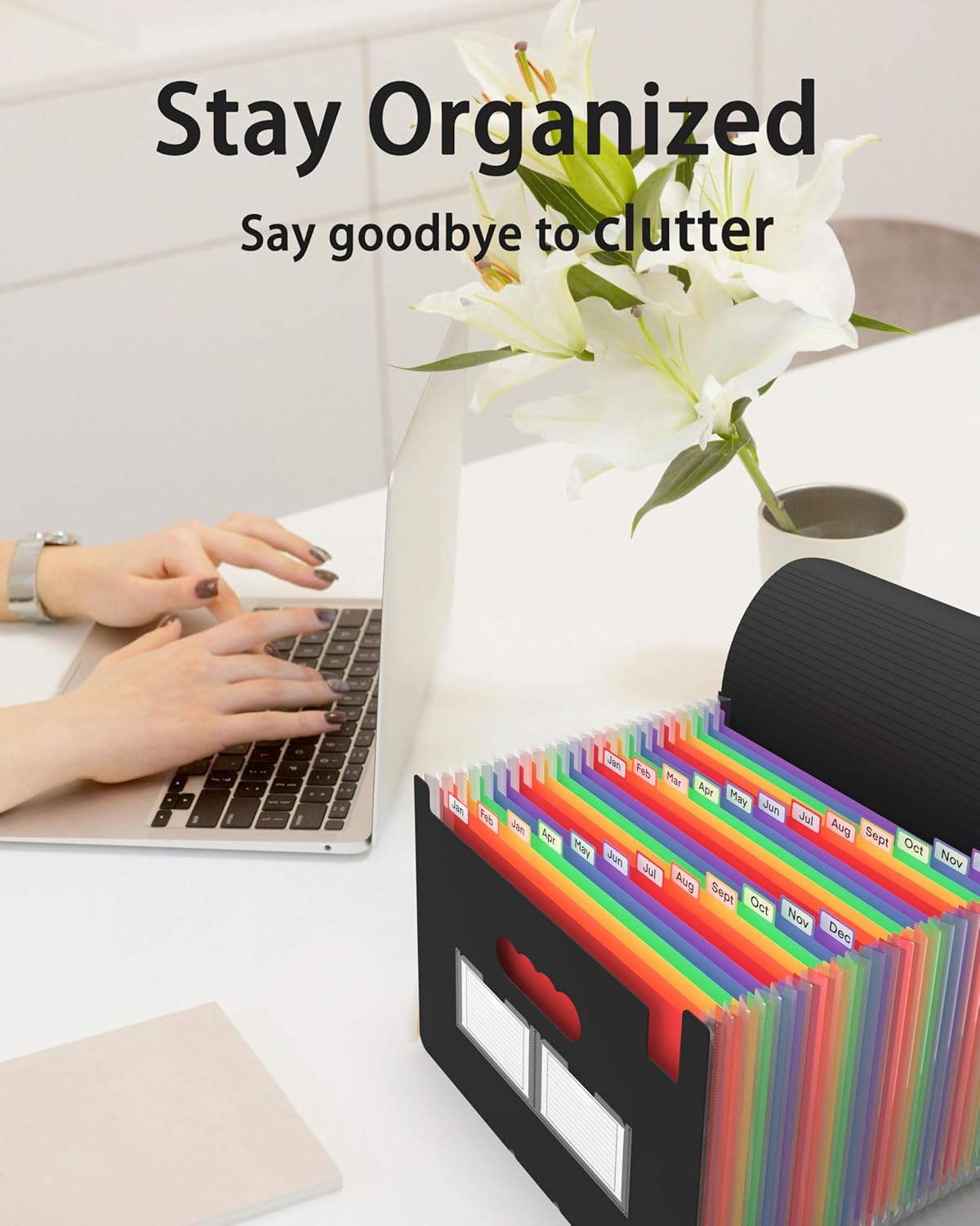 4 Pack Expanding File Folder, 24 Pocket Accordian File Organizer A4 Letter Size Portable Document Organizer with Colored Tabs, Expandable Desktop Accordion Folder -Black