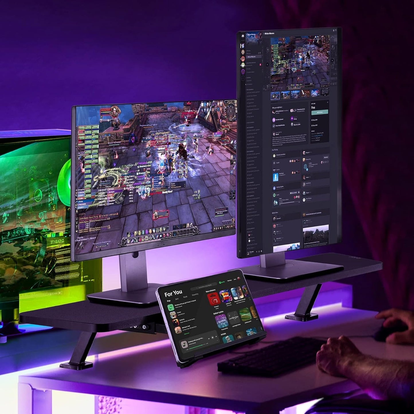 AVLT Clamp Desk Shelf Dual 32" Monitor Riser With Slide-out Holder for Convertible Laptop, Tablet, Smartphone (Black) - Floating Stand (Clamp-On Shelf Only)