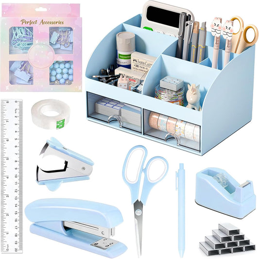 Desk Accessories with Pen Holder, Office Supplies Desk Organizers and Accessories, Tape Dispenser, Stapler, Staple Remover, Staples, Clips Set, Ruler, Scissor, Pen, Tape (Blue)